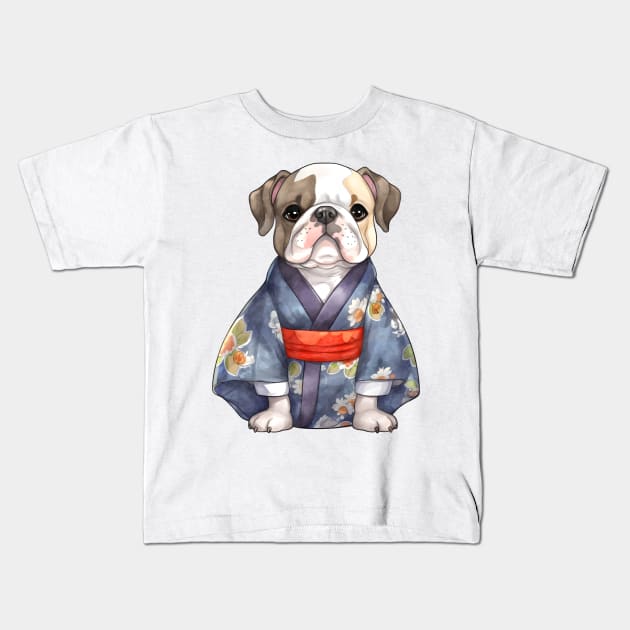 Watercolor Bulldog in Kimono Kids T-Shirt by Chromatic Fusion Studio